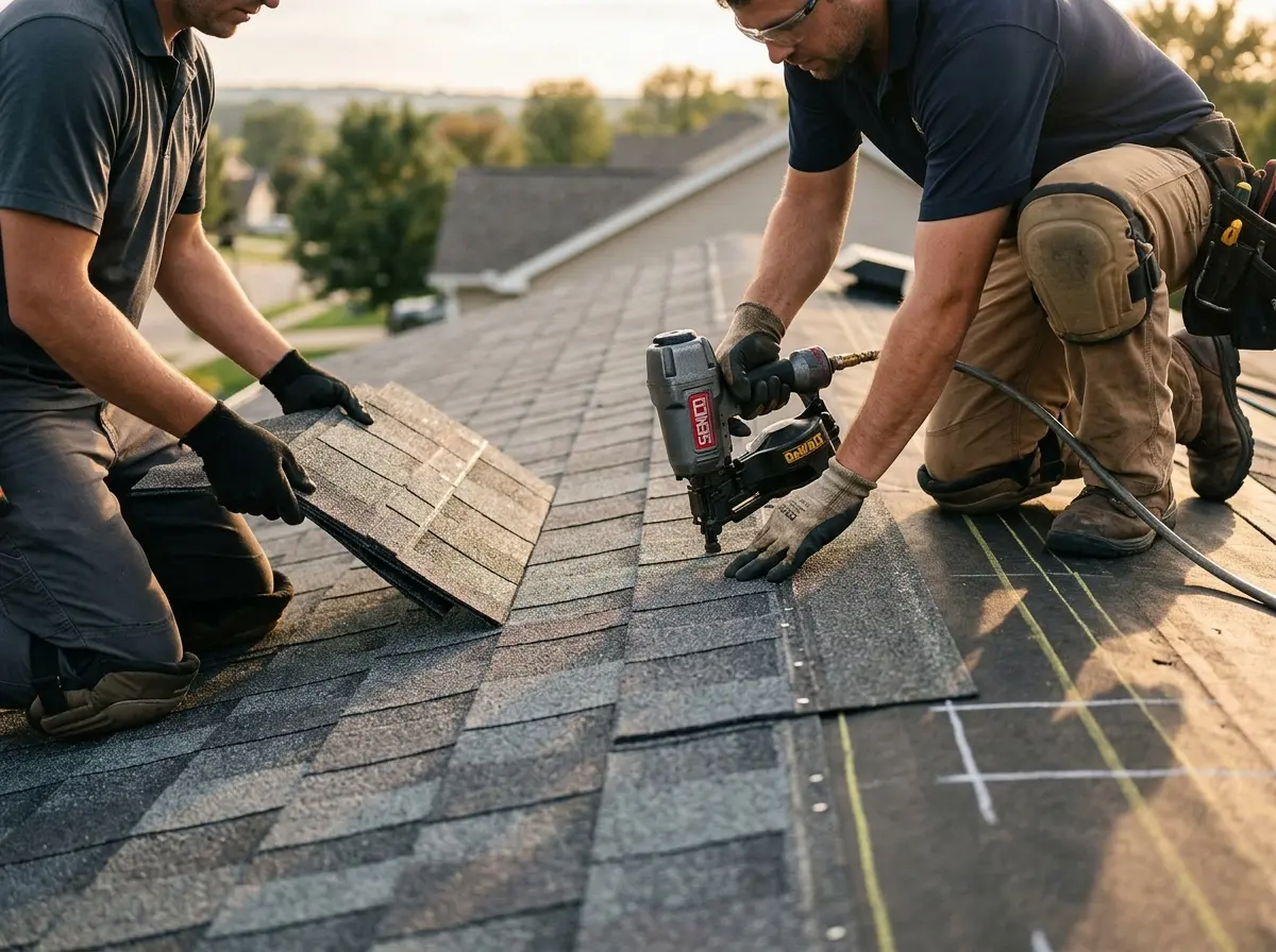 Professional roofer working on a residential roof in Eatonton